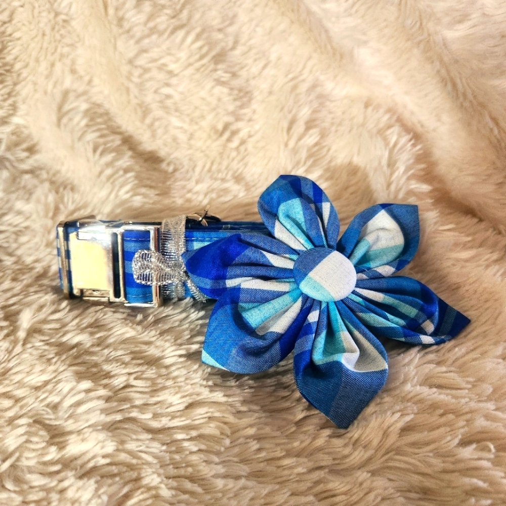 DOGWONG Blue Plaid Cotton Collar and Bow